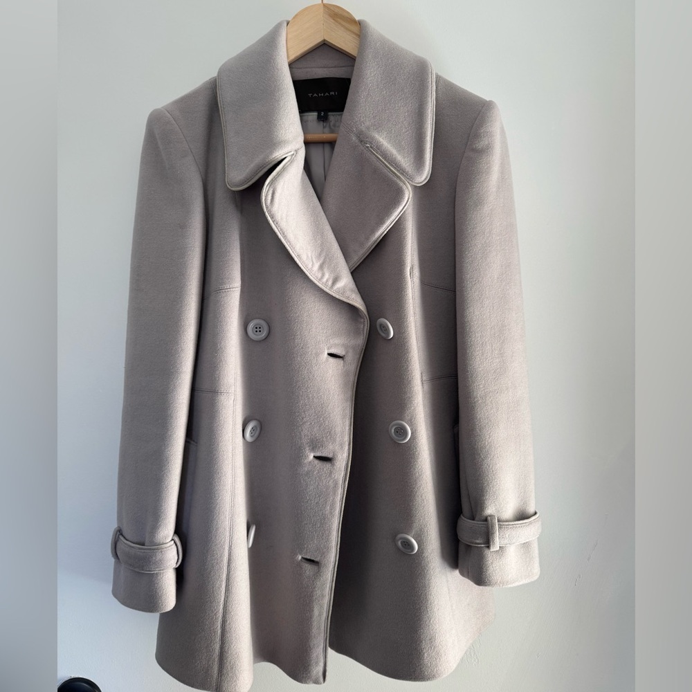 Wool Peacoat Double Breasted Taupe Gray Minimalist Coat – Tahari - Picture 2 of 10